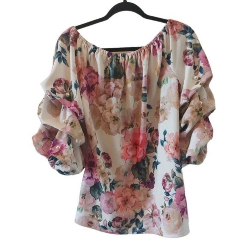 S Levine Women's Blouse Pearl Puff Sleeve Floral Cream Coral Size L - Picture 2 of 7